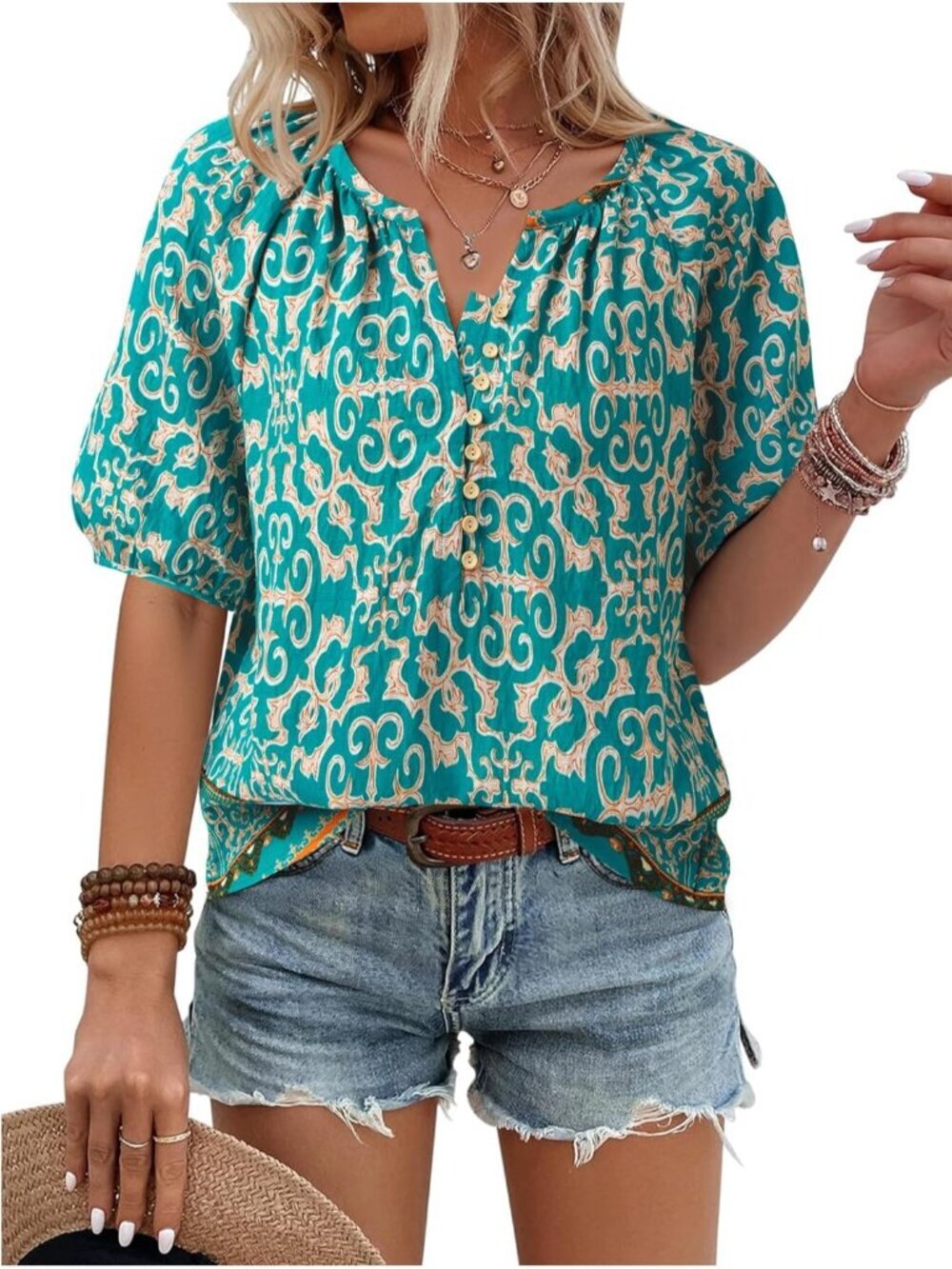 Women's Shirt Blue Summer Tops V Neck Short Sleeve Blouses Casual Button Down